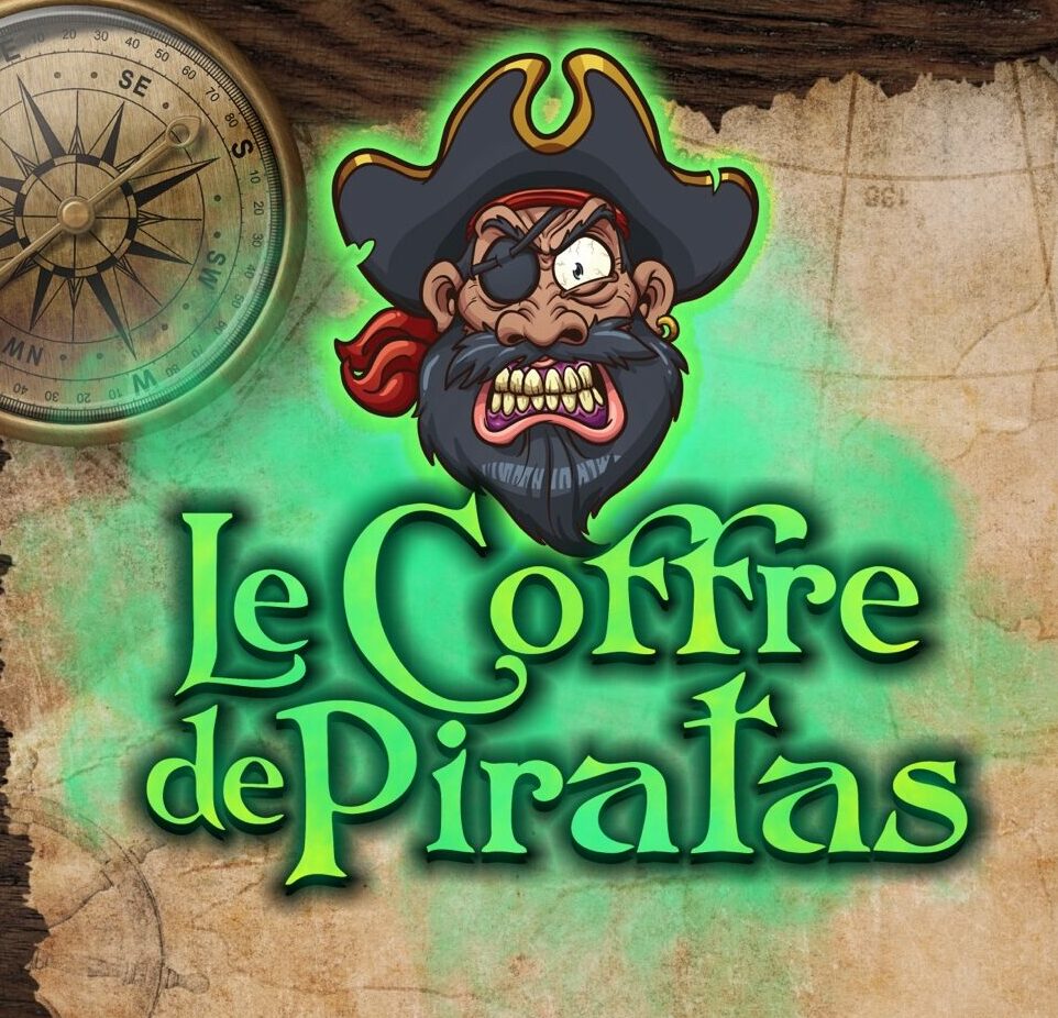 Affiche Le Coffre de Piratas avec personnage pirate, boussole et coffre au trésor