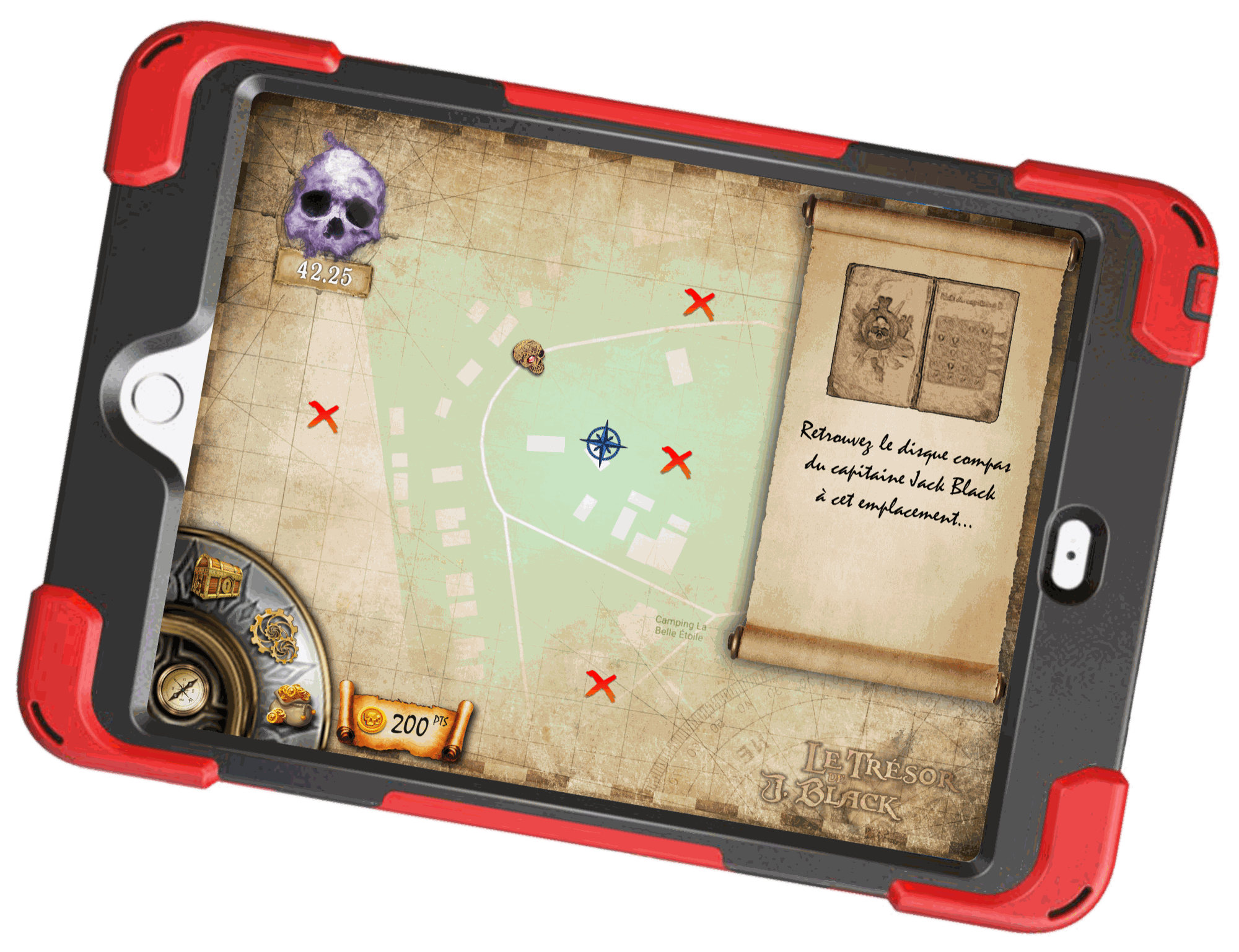 Capture de la tablette de jeu montrant la carte au trésor avec X rouges du Trésor de J. Black